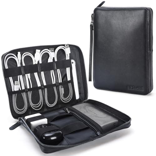 Polare Napa Leather Travel Cable Organizer Case Electronics Accessories Carry Bag with YKK Zippers Tech Storage Bag for Cables, Power Bank, USB, SD Card, Travel Essentials(Black)