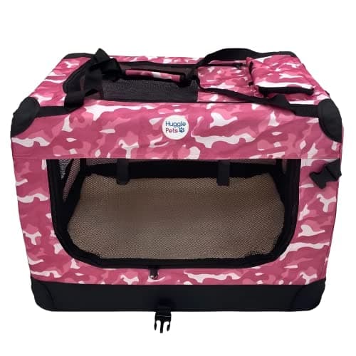 HugglePets Pink Camo Fabric Dog Crate Carrier Medium 60cm, Foldable with Fleece Mat