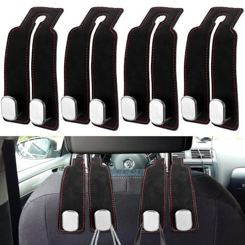 ANBEEISS 4 Pcs Leather Car Seat Back Double Hooks Organiser, Black