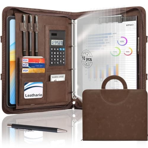 Leathario Portfolio Folder A4, Vegan Leather Conference Folder with Handle, 4-Ring Travel Document Holder with 10 Sheet Protectors, Multi-Pocket Document Folder Organiser, Office Supplies