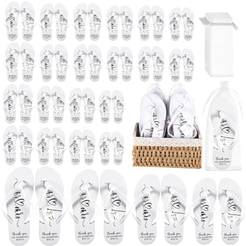 Breathffy 24 Pairs Wedding Flip Flops Bulk Slippers Flip Flops Women Wedding Sandals with Size Cards Drawstring Bags, White, Small-X-Large