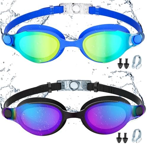 Swimming Goggles, 2 Pack Goggles Swimming Adult with Nose Clip & Earplugs Anti Fog No Leaking Clear Vision for Adult Women Swimming Pool