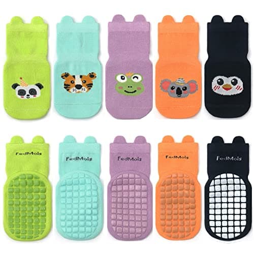 FedMois 5 Pairs Baby Kids Anti-slip Socks Cotton non skid Ankle Socks Animals, Panda, 1-3 Years