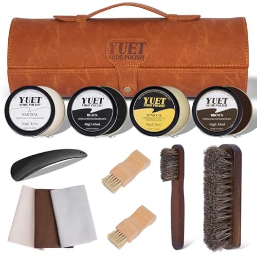 YUET Shoe Polish Kit Cleaning Shine Care Barrel Set For Brown Black Leather With Brush Travel Case Luxury Premium Soft Horsehair Bristle Dauber, Wooden Applicator, Shoehorn, Case 13Pcs (Brown)