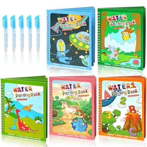 Ballery 5 Pack Magic Water Colouring Books for Toddlers, Reusable Water Painting Books with Pens, Mess Free Drawing Travel Toy, Educational Learning Doodle Book Set for Boys Girls