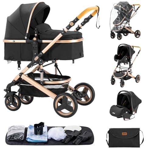 ALYIKOU 3-in-1 Prams Travel System, Shock Absorption Baby pram,0-4 Years, Up to 22 kg, Foldable, Compact and Reclining Baby Pushchair, with Nursery Bag, Black (530 Black)