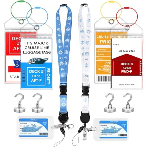 Vicloon Cruise Luggage Tag Holder, 4Pcs Waterproof Cruise Luggage Tags, 4 Magnetic Hooks, 2 Luggages Tags with Lanyards for Ship Cards, with Steel Loops & Zip Sea Compatible with SC, NCL, Costa, P&O