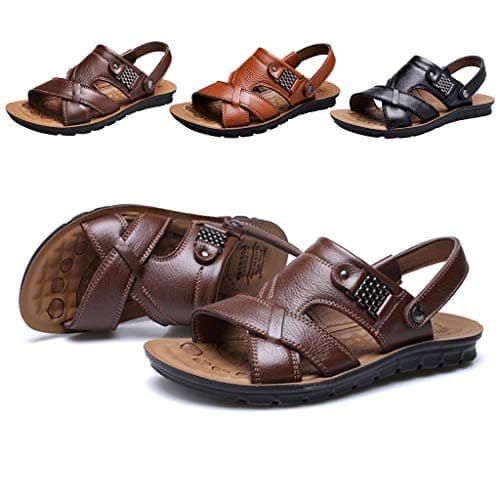 Men's Leather Sandals With Adjustable Strap - Non-Slip Lightweight Breathable Hiking Sandal for Beach and Trekking - Flat Comfortable Bathing Shoes