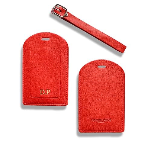 Personalised Luggage Tags - Luggage Tags for Suitcases - Leather Suitcase Tags - Leather Luggage Tag - Luggage Labels for Suitcases - Suitcase Tag Luggage Accessories (Red)