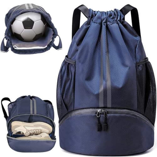 WUBAYI Football Boot Bag, Sports Kit Gym Sack Swimming PE Large Drawstring Bag Unisex With Wet And Dry Separation, Waterproof Gym Bag for Adults Men Women Travel, Sports Beach Holidays (Dark Blue)