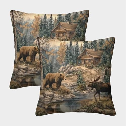 QFVANSIYO Wildlife Scene Organic Cotton Forest Cabin StylePillow Slip Set of 2 Hypoallergenic for Kids Toddler Double Bed UK Standard Size Ultra Soft Easy Care Gift for Her Him 45x45cm