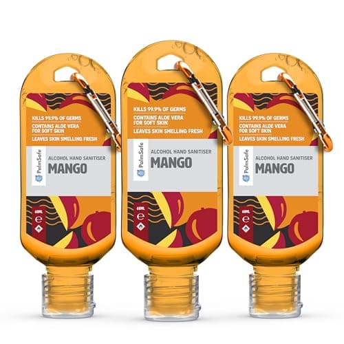 Palm Safe Mango 3 Pack 60ml Anti Bacterial Premium Hand Sanitiser Travel Size Refillable Clip Bottle Quick Drying Non Sticky Extra Moisturising Kills 99.9% of Viruses and Bacteria