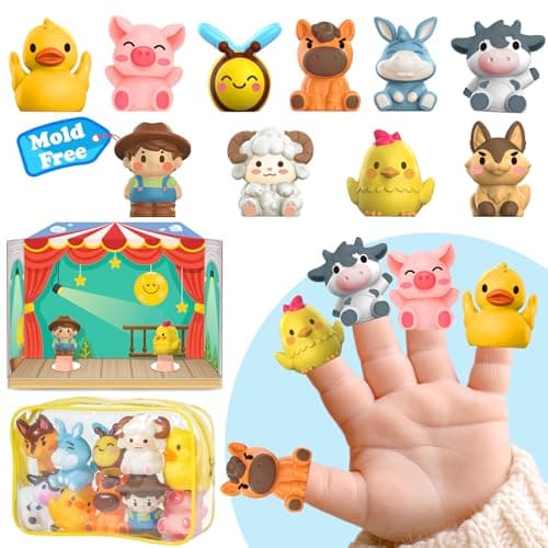 Oriate Farm Animals Finger Puppets, Baby Finger Puppet Bath Toys, 10PCS Toddler Farming Animal Travel Toys, Puppet Show Stage Storage Bags incl. Baby Party Bag Fillers Pool Water Toy, 12m+ Easter