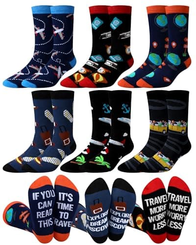 Eurzom 6 Pairs Funny Travel Socks for Men I'd Rather Be Traveling Gift Novelty Men's Travel Crew Socks for Travel Lovers and Travelers, Multi-color, One Size