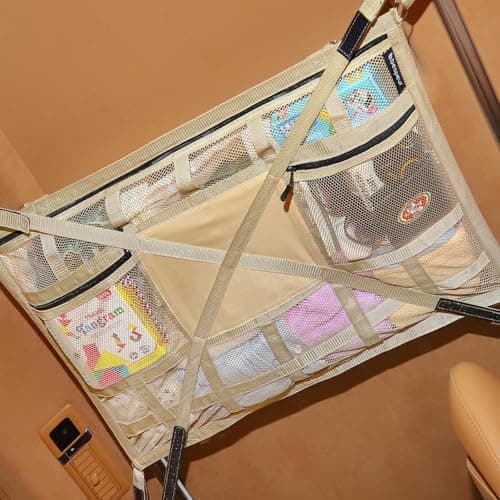 Car Ceiling Cargo Net,31.5"x21.6" Car Overhead Storage Mesh Organizer,Double Layer Roof Mesh Camping Overlanding Gear Must Haves Cargo Net,Road Trip Essentials( Beige)