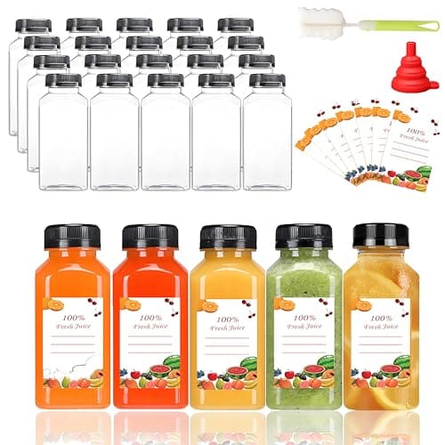 Kiswleon 20 Pack Plastic Juice Bottles With Lids, Brush, Funnel & Stickers