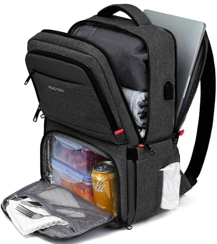 RUCYEN Lunch Backpack, 17.3 Inch Large Lunch Insulated Cooler Bag Travel Laptop Backpack with USB Port for Men Women, RFID Blocking for Work Picnics Black