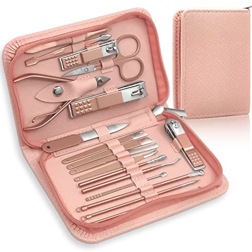 Manicure Set Professional Nail Clippers Kit Pedicure Care Tools with Zipped Bag for Women - 18 in 1 Grooming Tools Kit for Travel & Home(Rose Gold)