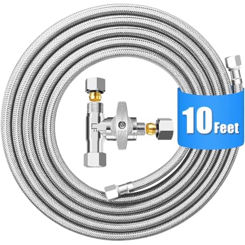 Refrigerator Water Line Kit - 10FT Stainless Steel Braided Ice Maker Water Line with Tee Stop Valve,Foodgrade PEX Inner Hose Fridge Water Line with 1/4" Comp Fitting and Tee Valve