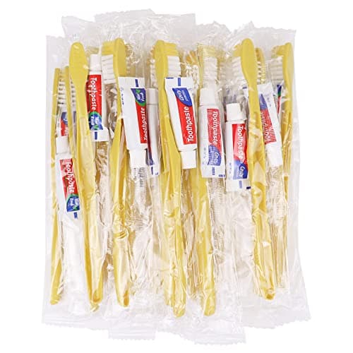 Hotel Toothbrush Set,300Pack Yellow Hollow Travel Toothbrush Set Individually Wrapped Disposable Toothbrushes with Toothpaste for Hotel,Homeless,Nursing Home,Charity