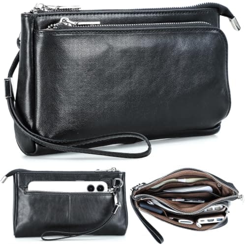 Electronic Organizer Zipper Bag Tech Kit, Top Grain Leather Handmade, Portable Compact Travel Apple Accessories Storage Pouch Fits Phone, USB Cables, Power Banks, Chargers, Hard Drive, Black
