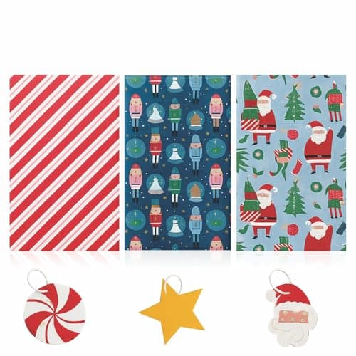 Christmas Wrapping Paper Sheets with Gift Tags & String – Santa, Elf & Red Stripe Designs – Premium Xmas Gift Wrap Set for Presents A2 Size (Pack of 3 Sheets & 3 Tags & Strings)