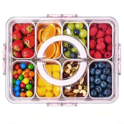 Küchera Pink Snackle Box with Handle, 8 Compartment Divided Snack Tray with Lid, Portable Food Storage Container for Travel, Plane & Picnics, Dishwasher Safe Platter for Sweets, Fruit & Nuts (Pink)