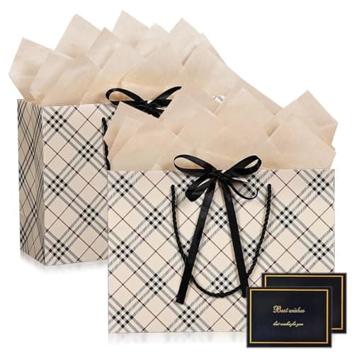 BBLIKE Paper Gift Bags for Presents - 2 Pcs Medium Brown Plaid Gift Bag with Bow Ribbon, Large Luxury Personalised Gift Bags with Handles for Wedding Christmas Birthday Valentines Party Favors
