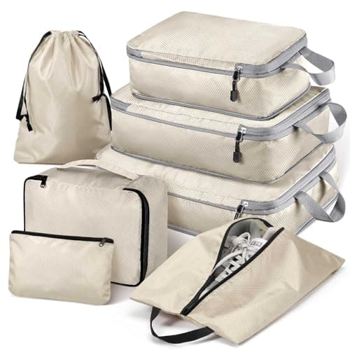 Hommtina Compression Packing Cubes for Suitcases, 7 Set Travel Organizer Cubes for Women/Men (Beige)