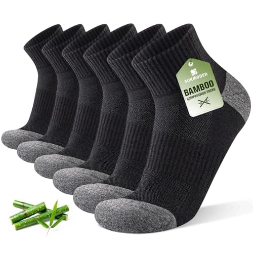 SukModen Compression Ankle Support Running Socks Men Women, 3 Pairs Quarter Bamboo Breathable Trainer Socks, Wicking Plantar Fasciitis Relief, Athletic for Sports Tennis Black Grey, 9-11