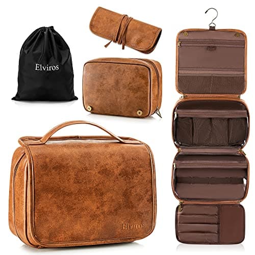Elviros Hanging Toiletry Bag for Men, 3-in-1 PU Leather, Brown