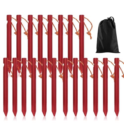 20PCS Tent Pegs, Heavy Duty Metal Tent Pegs Camping Tent Stakes Nail with Reflective Rope Storage Bag for Camping,Beach,Outdoor and Sand, Red