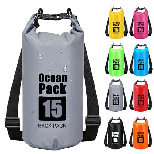 RONGZUBAT 15L Large Waterproof Dry Bag with Shoulder Strap, Roll Top Dry Sack for Outdoor Gear, Waterproof Bag for Kayaking, Boating, Paddle Boarding, Camping, Beach, Fishing and Travel - Grey