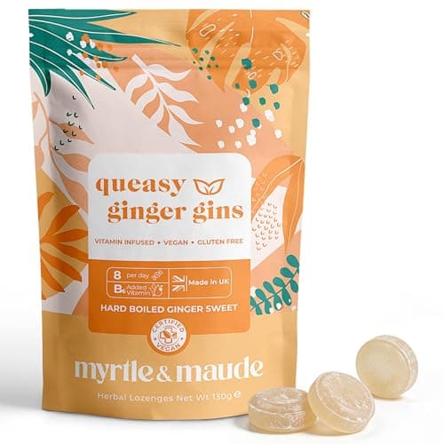 Myrtle & Maude Queasy Ginger Gins — Ginger Sweets for Morning Sickness & Pregnancy Nausea, Enriched with Vitamin B6, Certified Vegan & Made in UK, 130g