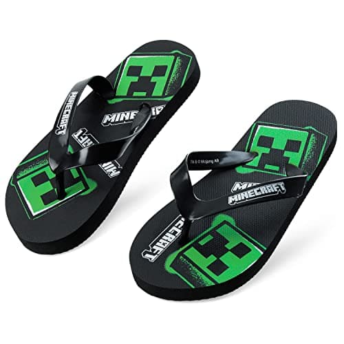 Minecraft Boys Sliders or Flip Flops for Beach and Pool - Boys Gifts (Black Flip Flops, 10-10.5 UK)