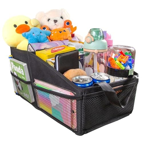 SURDOCA Car Seat Organiser for Front or Backseat, Travel Storage Accessories for Kids, Backseat Organiser with Tray for Toys, Snacks, Cups, Books, Tissue, Tidy and Clean