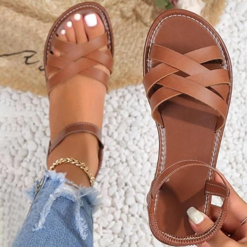 Flat Sandals for Women Summer Elastic Ankle Strap Open Toe Sandal Comfortable Wide Width Leather Strap Sandals Lightweight Casual Walking Shoes for Beach Daily Wear