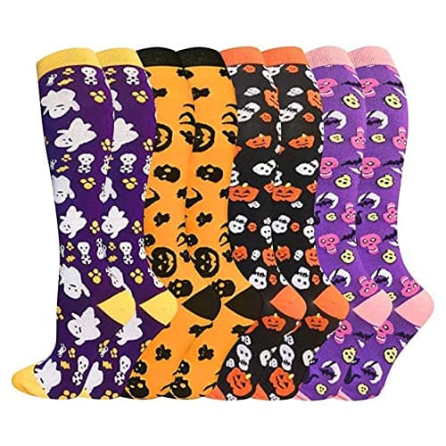 Hovershoes 4 Pair Compression Socks for Women Men Halloween Socks 20-30mmHg Knee High Socks Compression Support Stockings for Athletic Running, Travel, Nurse