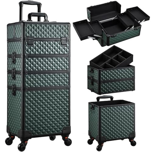 Professional 4-in-1 Large Makeup Trolley Beauty Cosmetics Vanity Organizer Rolling Make up Train Case Hairdressing Storage Box with Universal Wheels and Key Locks 4 Tiers (Dark Green)