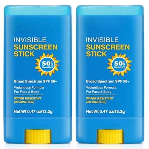 Invisible Sunscreen Stick SPF 50, 2 Pcs Strong UVA/UVB Protection Sun Cream, Broad Spectrum, Water Resistant, Non-Greasy for Sensitive Skin, Travel Size Sunblock Stick for Face & Body (2)