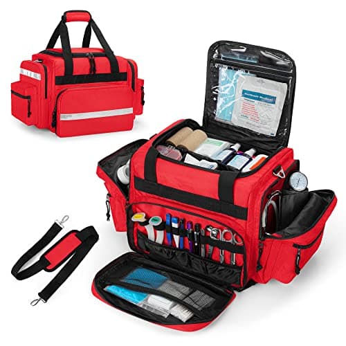 Damero Large Capacity Emergency Medical Bag with Removable Dividers, Red