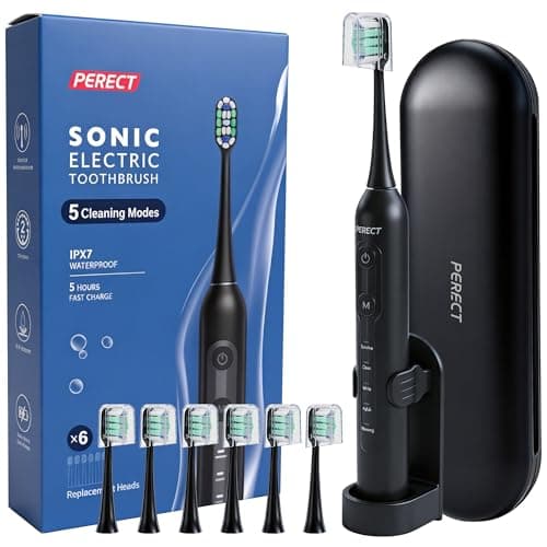 PERECT Electric Toothbrush for Adults, Rechargeable Sonic Toothbrush Travel-Ready Kit with Travel Case, 6 Replacement Brush Heads, 5 Modes 3 Intensities, 2-Minute Smart Timer, IPX7 Waterproof, Black