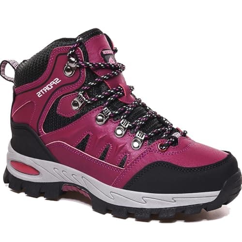 HODTOB Hiking Boots Mens Womens Lace-up Non-Slip Outdoor Men Women Mountain Trekking Shoes for All Season Walking Travelling Backpacking Camping Shoes Sneaker Rose Red 5UK