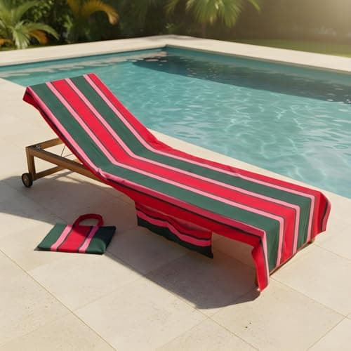 OHS Sun Lounger Towel with Pockets, Soft Absorbent Summer Holiday Essentials Stripe Beach Towels for Adults Lightweight Quick Dry Large Microfibre Beach Towel, Green/Red - 75 x 215cm