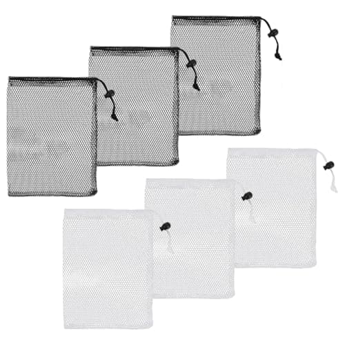 Small Mesh Drawstring Bags 20×15 cm Polyester Mesh Bags with Cord Lock Mini Net Bag for Travel Volleyball Swimming Pool Kitchen Golf Jewelry Toys Gifts (White & Black, 6 PCS)