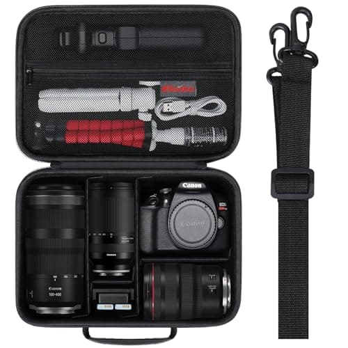 Elonbo Carrying Case for Canon EOS 2000D/4000D/R50/R6 Mark II/R100/R8/R10/ Sony Alpha 7 III /7 IV/a6400/ZV-E10/Panasonic Lumix FZ82D Camera, Hard Travel Bag for Lens and Tripod, Black+Shoulder Strap