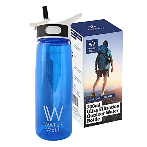 WaterWell Water Filter Bottle 700ml, BPA-Free Tritan, 2-Stage Filter with 1,000L Lifespan, Removes Chlorine, Organic Impurities, Microplastics for Travel, Hiking, Leak-Proof Bottle Flip Lid, Blue