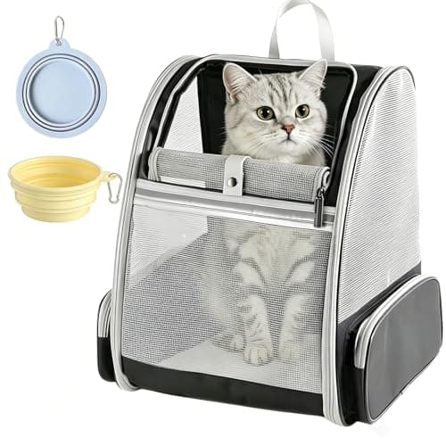 Cat Backpack Carrier for Small Dogs and Cats Fit Up to 8kg, Expandable & Foldable Pet Carrier Backpack with 3-Side Mesh Windows, Portable Pet Carrier with 2 Collapsible Feeding Bowls for Travel Hiking