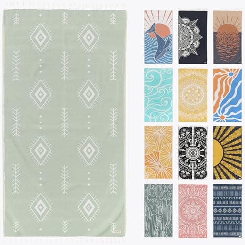 FESHKA Sand Proof Turkish Beach Towel – Oversized, Quick Dry & Lightweight Travel Towel - 100% Organic Cotton Beach Blanket - Perfect for Bath, Pool & Picnic | Cat Eye (Light Green)
