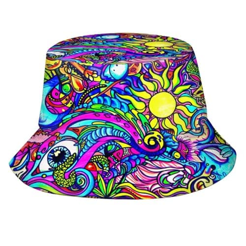 Unisex Trendy Bucket Hat - Summer Beach Hat with Comfortable Packable Outdoor Travel Sun Protection for Women, Men & Teens, Psychedelic Trippy Art, One size